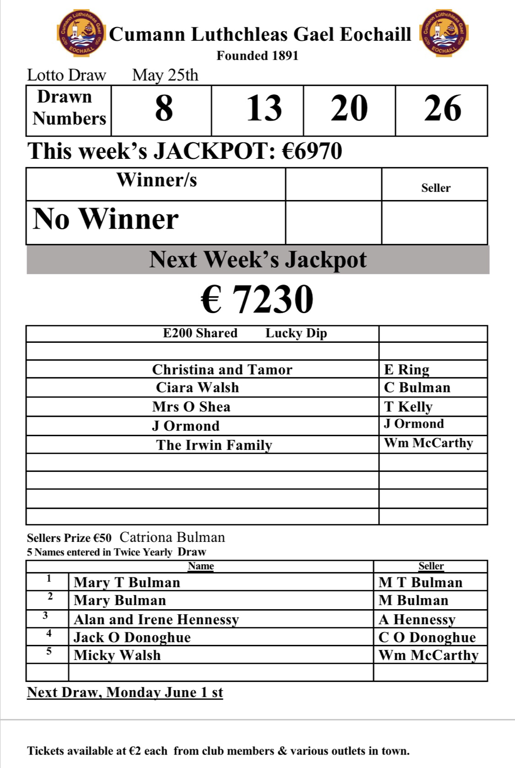 lotto numbers for the 25th of may